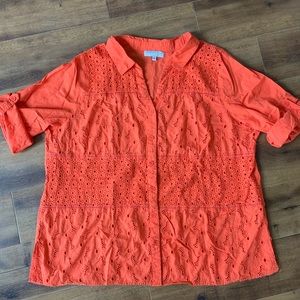 August Silk orange eyelet floral button down sz 3X